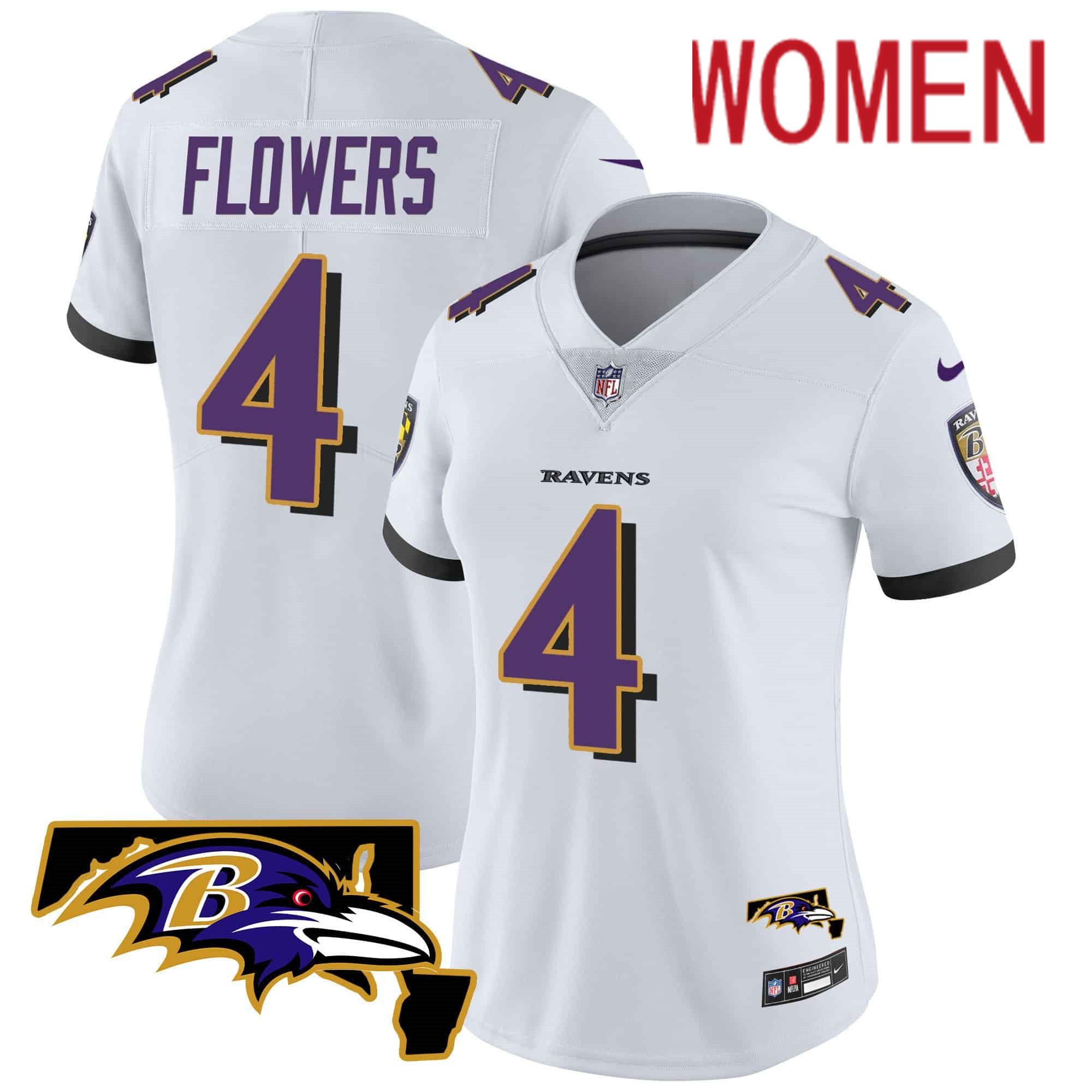 Women Baltimore Ravens #4 Flowers White 2024 Nike Maryland Patch Vapor Limited NFL Jersey->women nfl jersey->Women Jersey